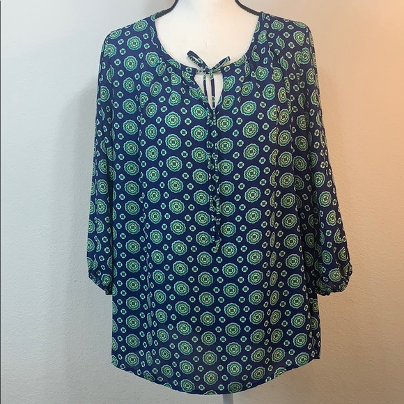 Pleione Tops - Pleione blue with floral/geo long sleeve boho top